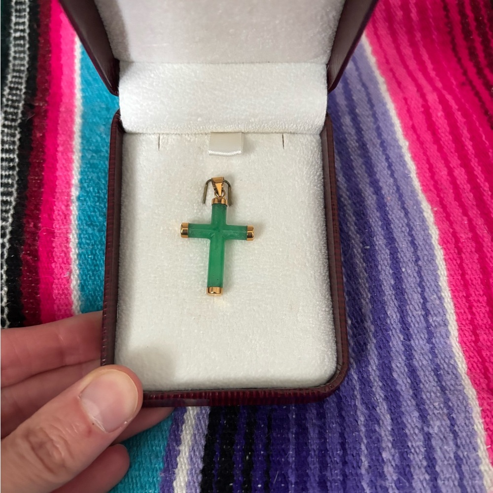 Green Jade and Gold Cross Necklace